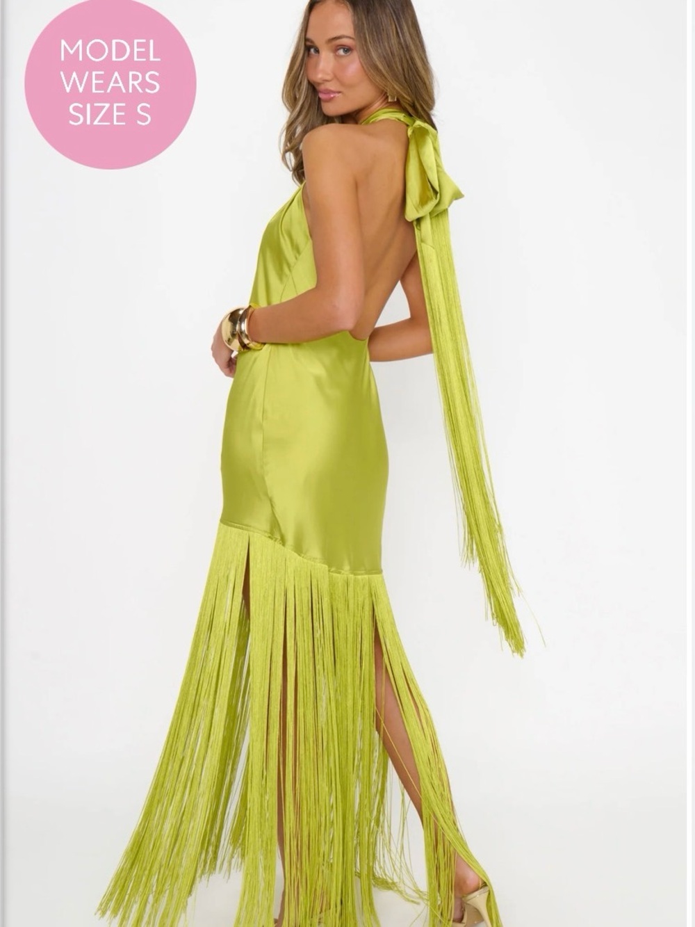 Fringe Halter Backless Dress in Lime